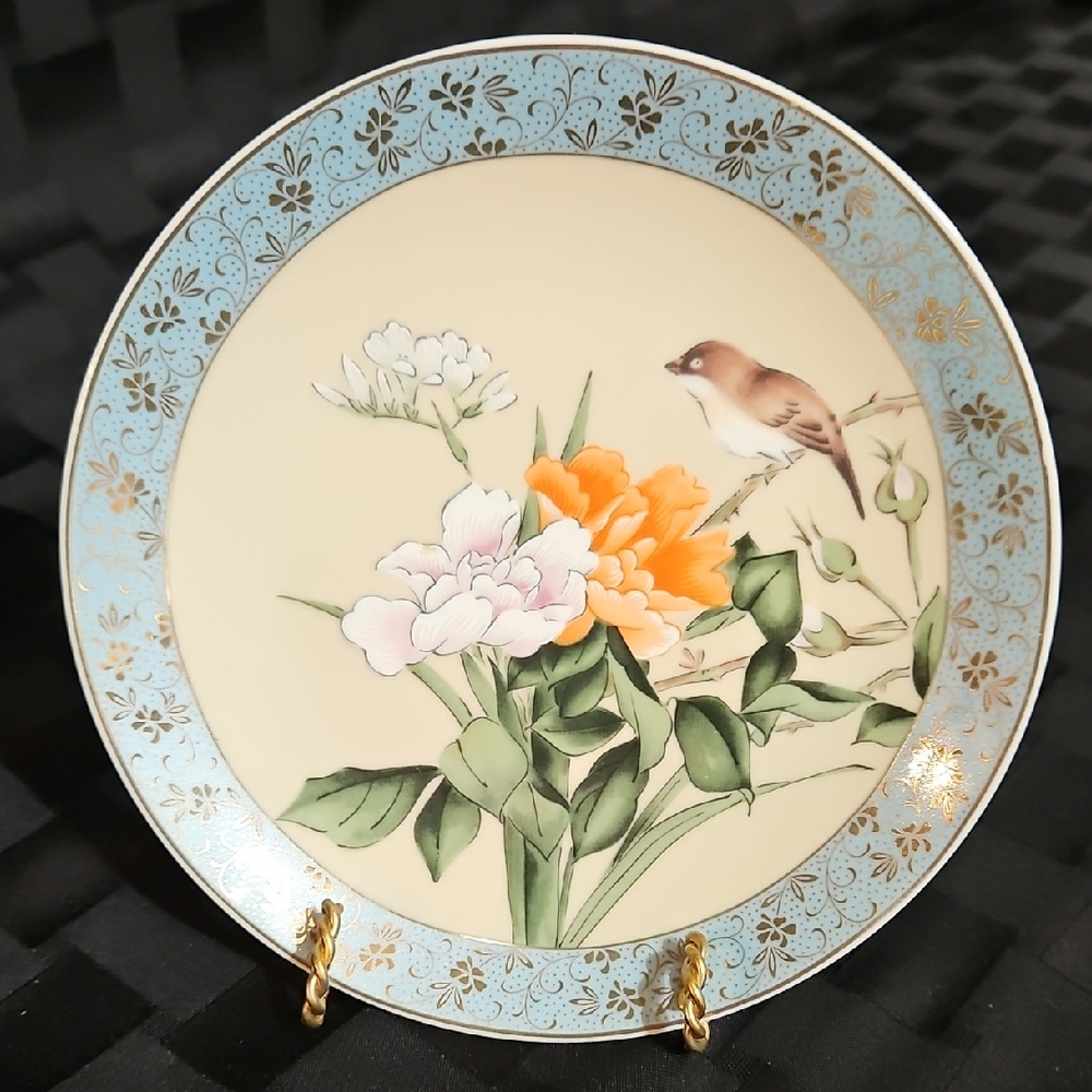 Vintage Japanese Porcelain Bread Plate Songbirds Peonies Gold Filigree Rim